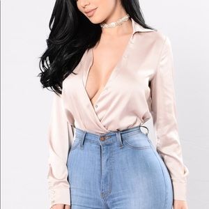 FashionNova Silk Pink Button Up BodySuit